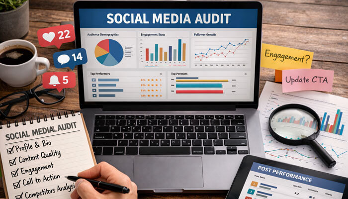 Audit Your Brands Current Social Media Presence - Startupeditor | Startup Editor Social media audit dashboard on a laptop with engagement charts, checklist notes, and reports explaining how to manage social media for a brand effectively.