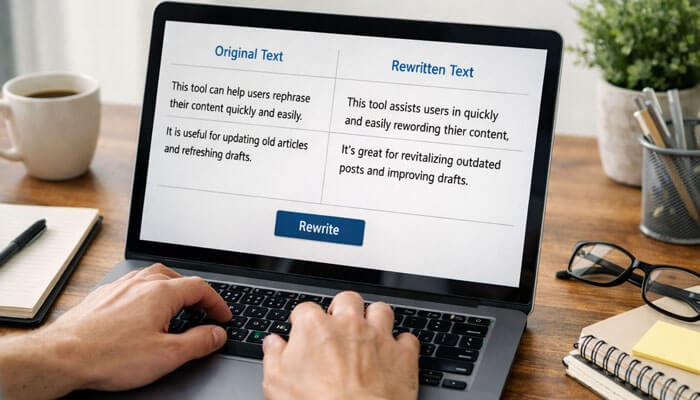 Benefits of Article Rewriter by SpellMistake - Startupeditor | Startup Editor Article Rewriter by SpellMistake interface showing original text and rewritten text on a laptop