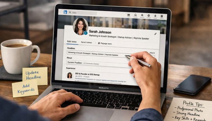 Person editing a LinkedIn profile on a MacBook Pro, updating the headline, with sticky notes reading 'Update Headline' and 'Add Keywords' nearby, coffee cup and phone on desk.