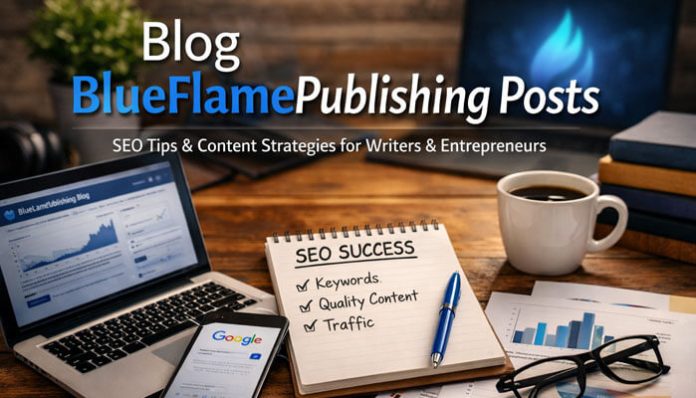 BlueFlamePublishing Blog SEO Tips and Content Strategies for Writers & Entrepreneurs. A desk setup with analytics, SEO charts, a cup of coffee, and a notepad showing SEO success criteria like keywords, quality content, and traffic.