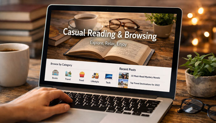 Casual reading and browsing - Startup Editor | Startup Editor Screenshot of Puzutask.com homepage displaying categories like Travel, Food, Lifestyle, and Tech, providing users with a seamless casual browsing experience. The platform encourages users to explore various topics while tracking their tasks and earnings.