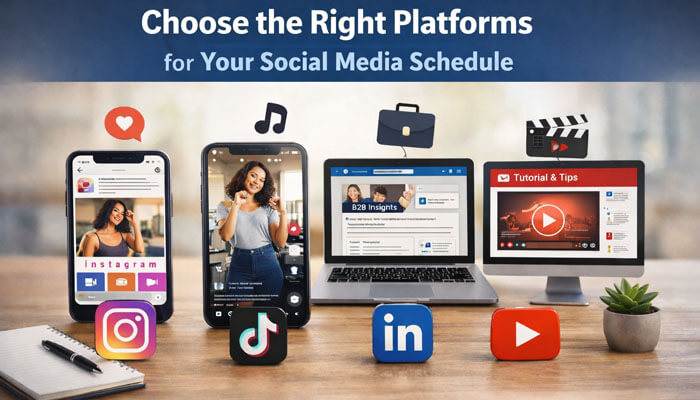 Choose the Right Platforms for Your Social Media Schedule - Startupeditor | Startup Editor Digital workspace illustrating How to Make a Social Media Schedule by choosing the right platforms like Instagram, TikTok, LinkedIn, and YouTube.