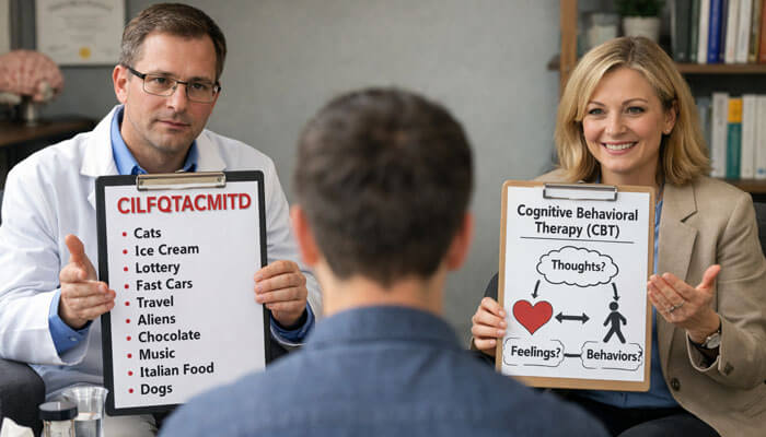 Cilfqtacmitd vs Cognitive Behavioral Therapy - Startup Editor | Startup Editor A mental health support session featuring a doctor and therapist discussing CILFQTACMIDT, highlighting its connections with thoughts, feelings, and behaviors using Cognitive Behavioral Therapy (CBT).