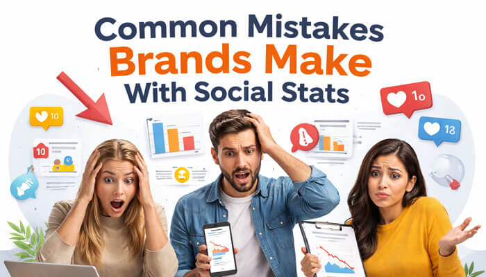 Common Mistakes Brands Make With Social Stats - Startup Editor | Startup Editor Bouncemediagroupcom Social Stat: Common mistakes brands make with social stats, featuring a group of people showing frustration over social media analytics and engagement metrics on phones and laptops.