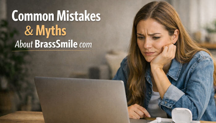 Common Mistakes and Myths About BrassSmile com - Startup editor | Startup Editor Common mistakes and myths about Brasssmile.com. This image features a woman looking confused while browsing the Brasssmile.com website on her laptop. It highlights the challenges users may face in navigating the site and understanding its credibility. The image suggests a deep dive into the misconceptions and mistakes people make while exploring the site, offering insights into its legitimacy and content.