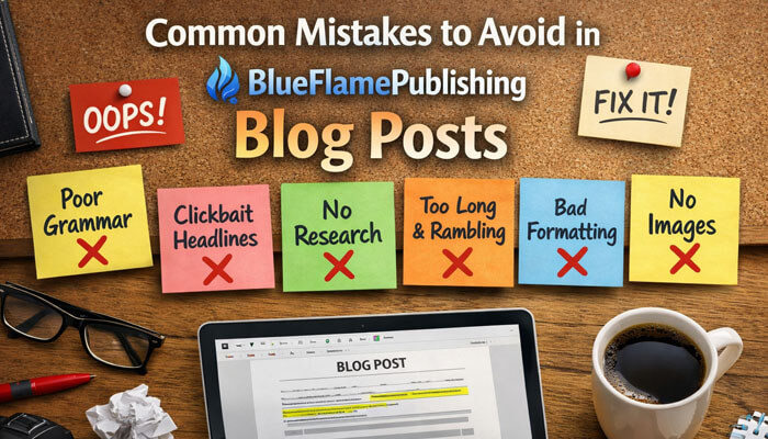Common Mistakes to Avoid in BlueFlamePublishing Blog Posts - Startup Editor | Startup Editor Common Mistakes to Avoid in BlueFlamePublishing Blog Posts. A desk featuring sticky notes that list mistakes like poor grammar, clickbait headlines, lack of research, bad formatting, and no images