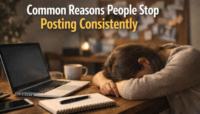 Common Reasons People Stop Posting Consistently - Startupeditor | Startup Editor Tired creator at desk illustrating common struggles with how to post on social media consistently