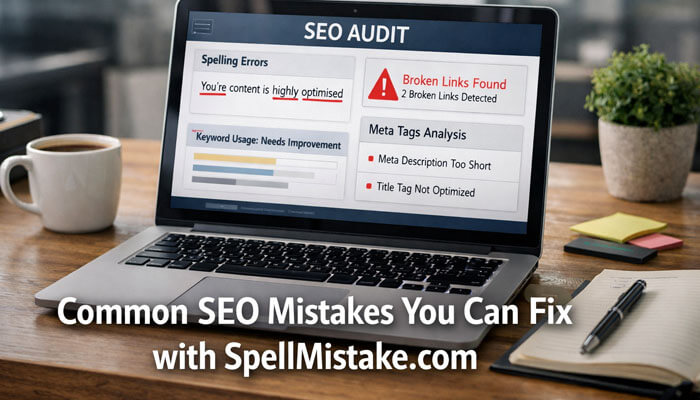 Common SEO Mistakes You Can Fix with SpellMistake.com | Startup Editor SpellMistake.com SEO audit screen displaying broken links, meta tag analysis, and common website optimization mistakes