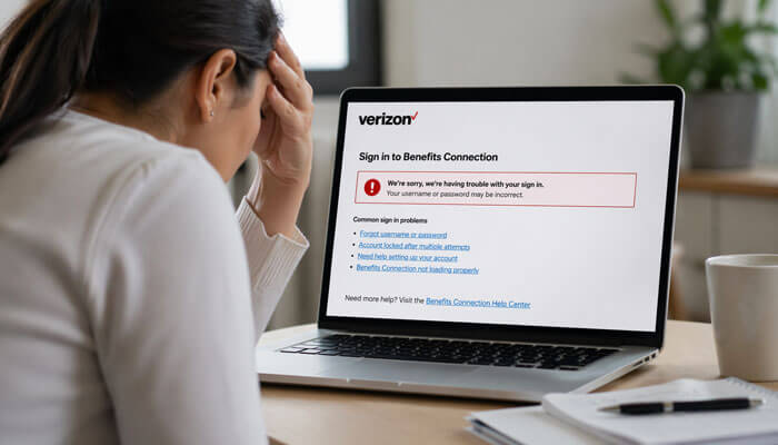 Common Verizon Benefits Connection Login Problems - Startupeditor | Startup Editor User facing a Verizon Benefits Connection Login error message while trying to sign in on a laptop