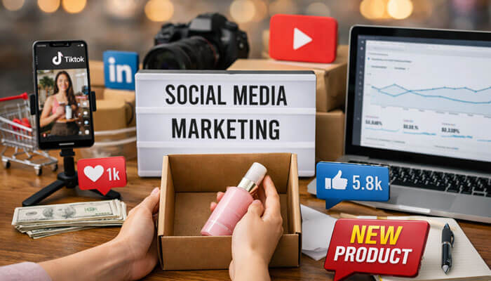 Community Management Matters More Than Many Brands Think - Startupeditor | Startup Editor How to Promote a Product on Social Media? realistic social media marketing setup with product box, analytics dashboard, and content creation tools