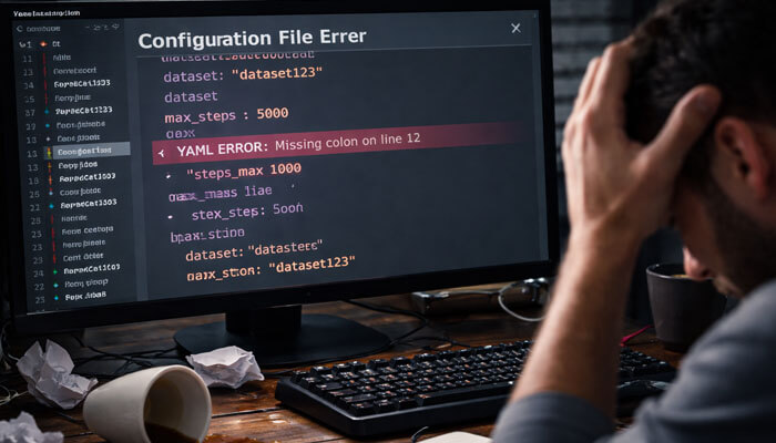 Configuration File Errors YAML JSON - Startup Editor | Startup Editor Developer troubleshooting a YAML configuration file error with a missing colon, part of fixing Why Can't I Run My GenBoostermark Code setup issues in data science projects.