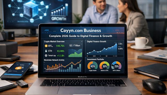 Laptop on a wooden desk displaying a digital finance dashboard with growth charts, while two coworkers talk in the blurred background.