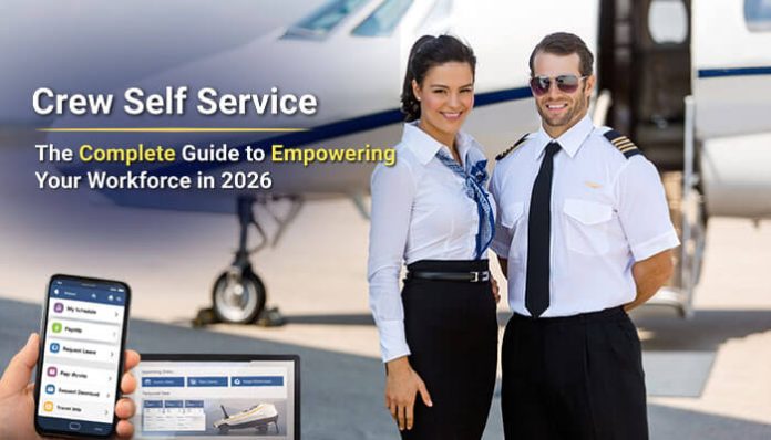 Professional crew members in front of an aircraft with a smartphone displaying a crew self service platform, showcasing the empowerment of the workforce in aviation for 2026. Crew Self Service platforms enhance operational efficiency by allowing crew members to manage schedules, pay slips, travel details, and more from their devices, streamlining HR processes and improving overall job satisfaction in the aviation industry.