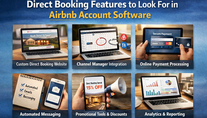 Direct Booking Features to Look For in Airbnb Account Software - Startupeditor | Startup Editor Airbnb account software features including direct booking, automation, payment processing, and analytics tools