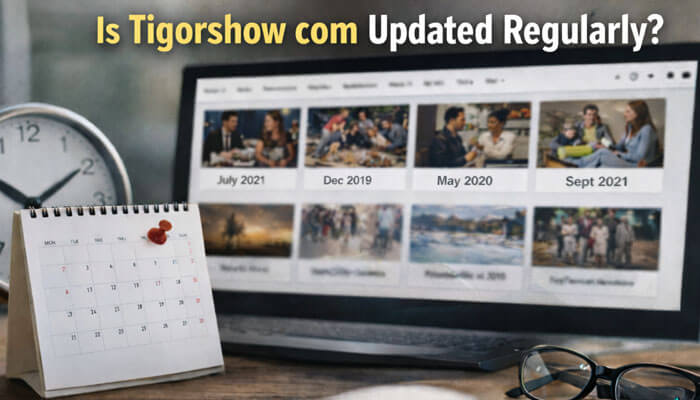 Does Tigorshow com Update Content Regularly - Startup Editor | Startup Editor Image of Tigorshow com displayed on a laptop, showing a variety of dated content in categories such as lifestyle, travel, and entertainment. A calendar and clock are visible, suggesting a review of the website’s content update frequency. The calendar highlights various past dates, questioning if Tigorshow com is updated regularly.