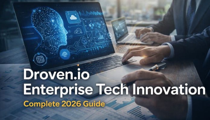 Droven.io Enterprise Tech Innovation A comprehensive 2026 guide on cutting-edge enterprise technologies, including artificial intelligence, cloud infrastructure, cybersecurity, and digital transformation. This image depicts a professional working on a laptop, visualizing innovative tech concepts such as AI and automation, which are key components in driving business modernization through Droven.io's strategic framework.