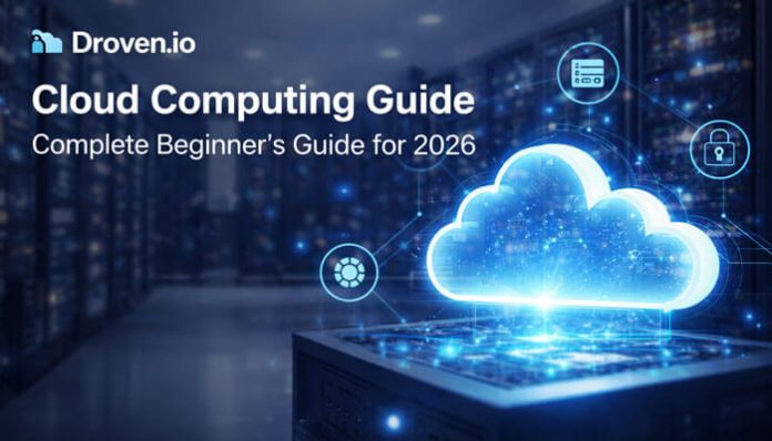 Droven.io Cloud Computing Guide featured image showing a glowing cloud server in a modern digital data center