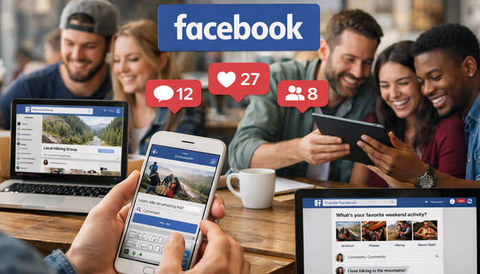 Facebook - Startup Editor | Startup Editor How to Increase Interactions on Social Media? A group of people engaging on Facebook across multiple devices, with visible comments, likes, and shares, highlighting the importance of active social media participation.