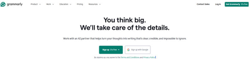 Grammarly - Startupeditor | Startup Editor Grammarly homepage hero: bold headline 'You think big. We’ll take care of the details.' with subheading and two signup buttons.