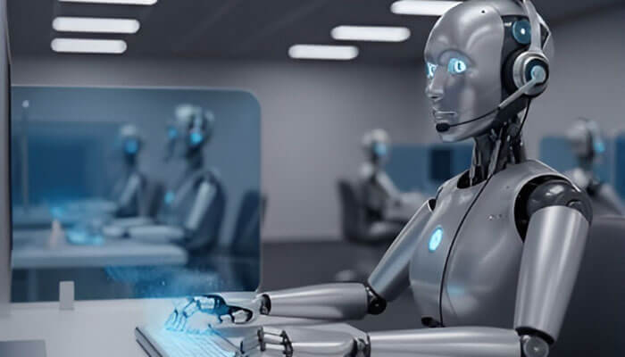 How AI Is Transforming the Modern Call Center - Startupeditor | Startup Editor Humanoid robot with a headset typing at a glowing keyboard in a futuristic call-center-like workspace.