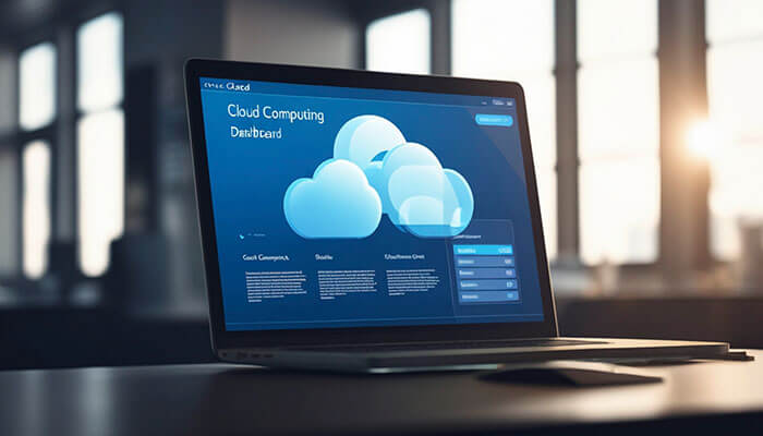 How Beginners Can Start with Cloud Computing - Startupeditor | Startup Editor Droven.io Cloud Computing Guide image showing a cloud computing dashboard on a laptop screen in a professional workspace