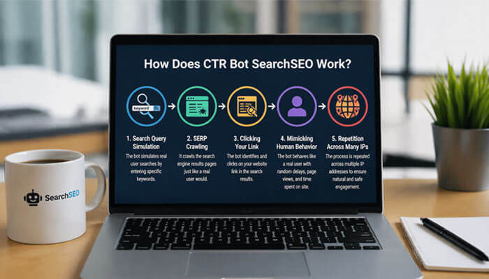How Does CTR Bot SearchSEO Work? - Startup Editor | Startup Editor Infographic on CTR Bot SearchSEO workflow displayed on a laptop: five steps from query simulation to IP rotation.