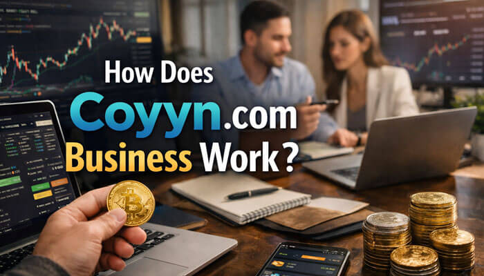 How Does Coyyn.com Business Work | Startup Editor How Does Coyyn.com Business Work image showing a business meeting, crypto coin, trading screens, and a digital finance workspace
