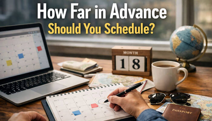 How Far in Advance Should You Schedule - Startup Editor | Startup Editor Social media post scheduling guide showing a calendar with a focus on planning posts in advance. Learn how far ahead to schedule your content.