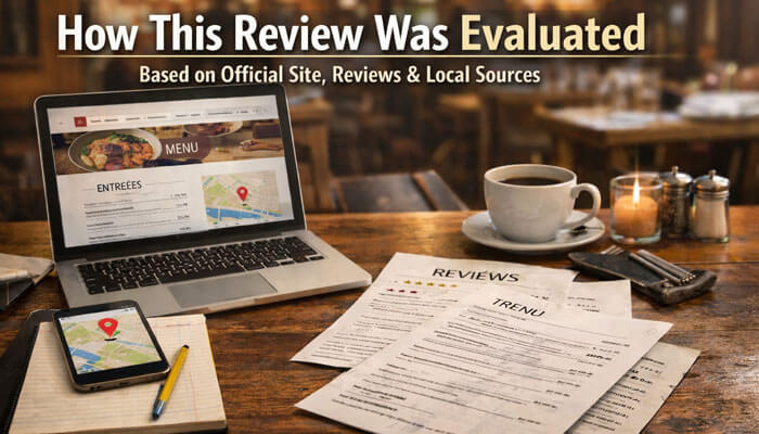 How This Review Was Evaluated - Startup Editor | Startup Editor Com Tam Xi Gon review evaluation process displayed on a desk with a laptop, showing menus, local sources, and reviews to assess the restaurant's offerings, including broken rice dishes, BBQ pork, and grilled pork chop.
