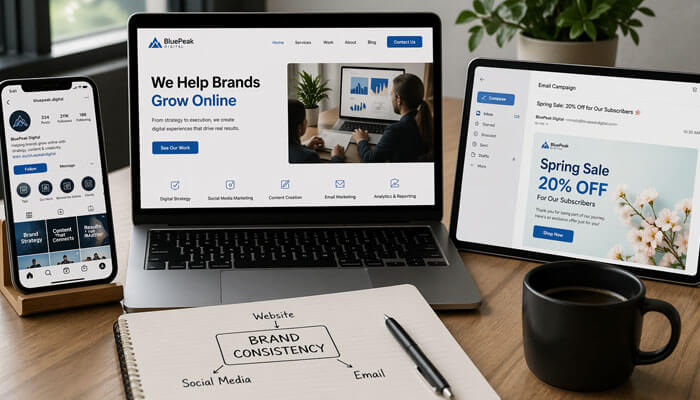 How to Align Social Media With Your Website and Email - Startupeditor | Startup Editor How to Create a Brand Presence on Social Media with a website on laptop, social media on mobile, and email campaign on tablet in a realistic office setup