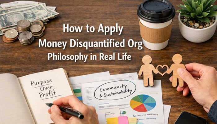 How to Apply Money Disquantified Org Philosophy in Real Life - Startup Editor | Startup Editor How to apply Money Disquantified Org philosophy in real life, focusing on purpose over profit, community, sustainability, and universal well-being in modern financial practices.