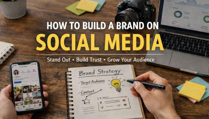 How to build a brand on social media with content planning, audience targeting, and brand strategy notes on a desk
