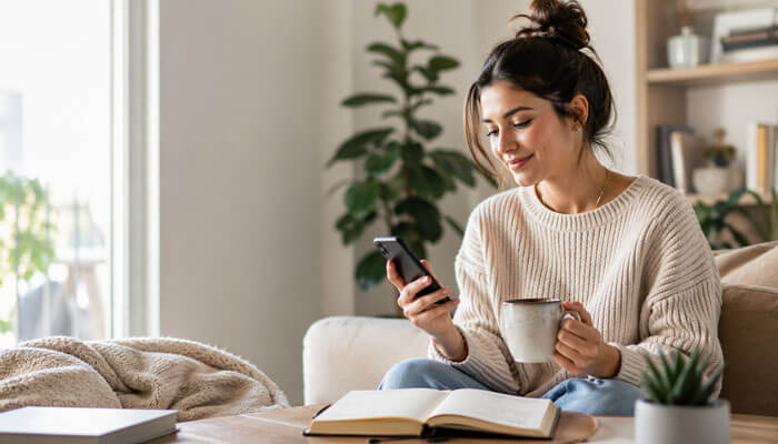 How to Build a Healthier Long-Term Relationship With Social Media - Startupeditor | Startup Editor Woman calmly using her phone with coffee and a notebook, showing a balanced approach to How to Handle Social Media Burnout