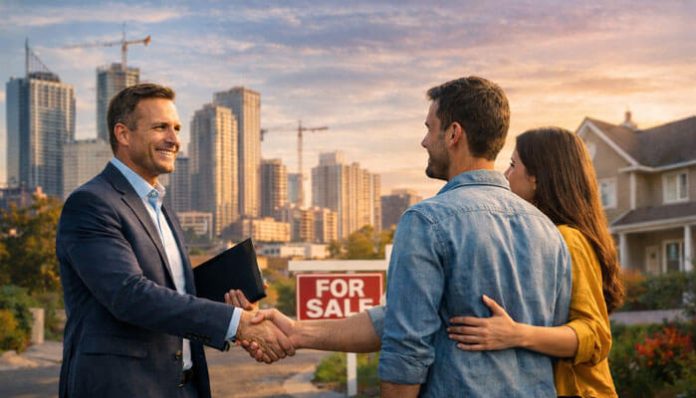 Real estate agent shakes hands with a couple in front of a 'For Sale' sign, with a city skyline in the background.