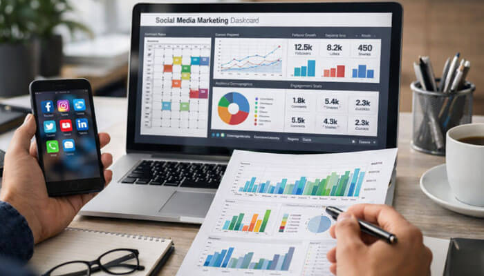 How to Choose the Right Social Media Marketing Tool - Startupeditor | Startup Editor What Are Social Media Marketing Tools displayed with analytics reports, a laptop dashboard, and mobile social media apps