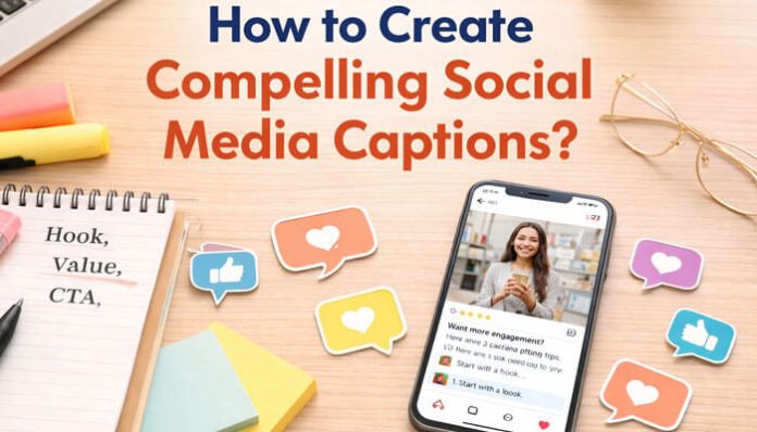 How to Create Compelling Social Media Captions with a smartphone, notebook, and social media design elements on a creative workspace