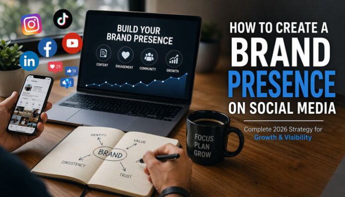 How to Create a Brand Presence on Social Media with a laptop dashboard, mobile phone, and branded marketing setup on a modern workspace desk