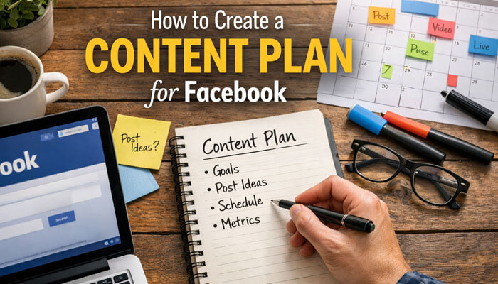 How to Create a Content Plan for Facebook - Startup Editor | Startup Editor An image showing a person creating a content plan for Facebook, with sticky notes labeled 'Post Ideas' and a detailed content plan including 'Goals,' 'Post Ideas,' 'Schedule,' and 'Metrics.' The focus is on strategizing social media content specifically for Facebook. This aligns with the keyword 'How to Create a Social Media Content Plan?' providing practical insights on building an effective social media content strategy tailored to Facebook.