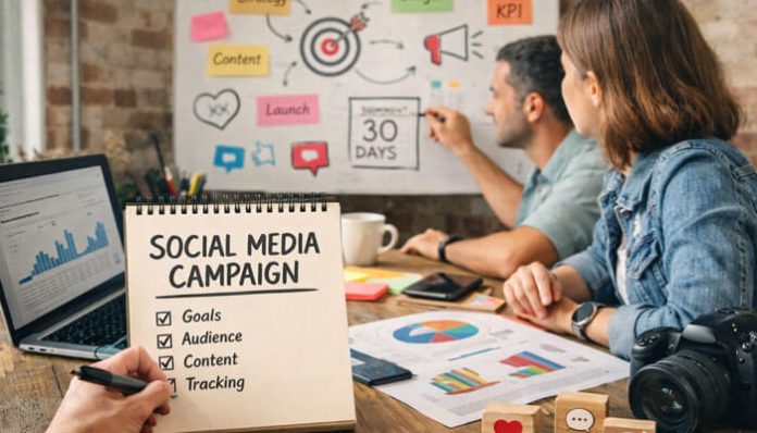 How to Create a Social Media Campaign? Team planning goals, content, audience, and tracking for a 2026 social media strategy