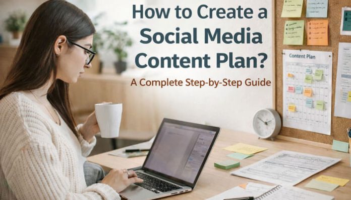 Person working on a laptop with a social media content plan displayed on the wall, highlighting the process of creating a social media strategy.