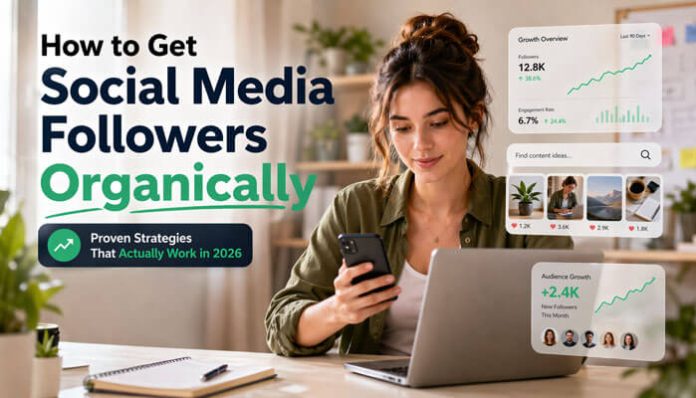 How to Get Social Media Followers Organically with a creator checking social media growth analytics on her phone