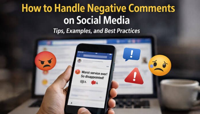 How to Handle Negative Comments on Social Media with a smartphone showing unhappy customer feedback and warning icons on screen