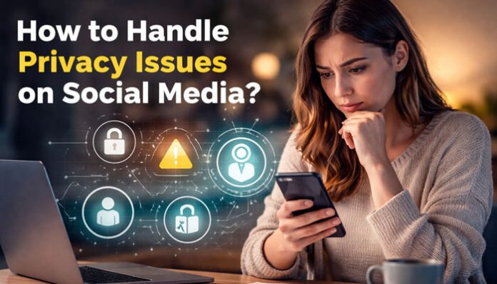 How to Handle Privacy Issues on Social Media? woman checking phone privacy alerts and account security settings