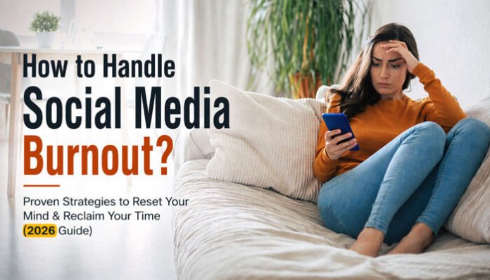 Woman sitting on a sofa looking stressed while using her phone, illustrating How to Handle Social Media Burnout