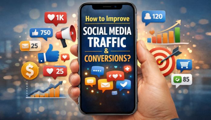 How to Improve Social Media Traffic using smartphone-based strategies showing engagement metrics, conversions, and digital marketing growth