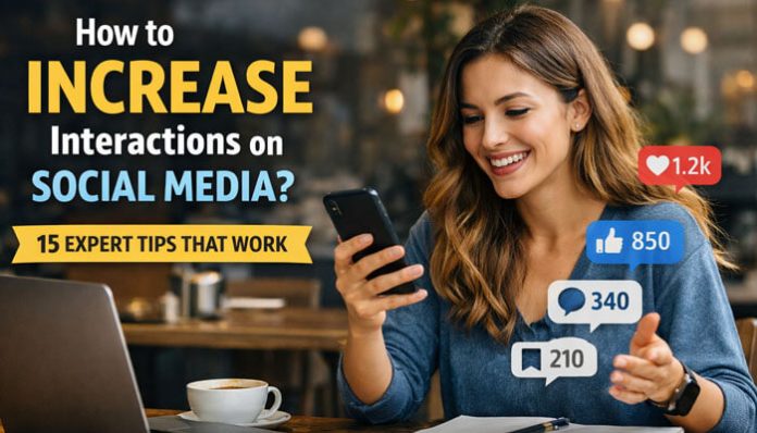 How to Increase Interactions on Social Media? A guide to boosting engagement with 15 expert tips, showing a woman engaging with social media on her phone, with interaction statistics like likes and comments.