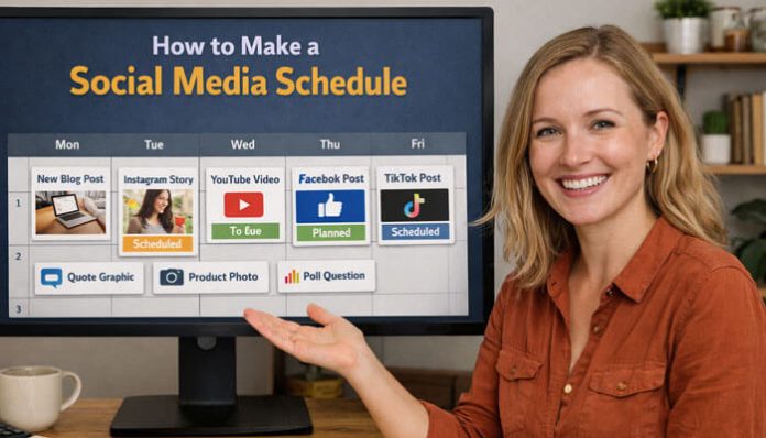 Woman presenting a weekly planner that explains How to Make a Social Media Schedule with post ideas, platform slots, and content planning examples.