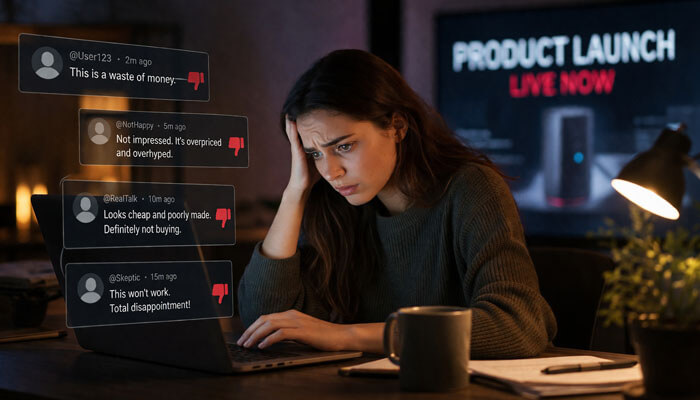 How to Manage Negative Comments During Product Launches or Campaigns - Startupeditor | Startup Editor Brand manager reviewing harsh campaign feedback during a product launch, showing how to handle negative comments on social media