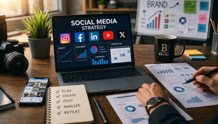 Professional workspace showing analytics reports, a laptop with social media strategy dashboard, and planning notes for how to manage social media for a brand.