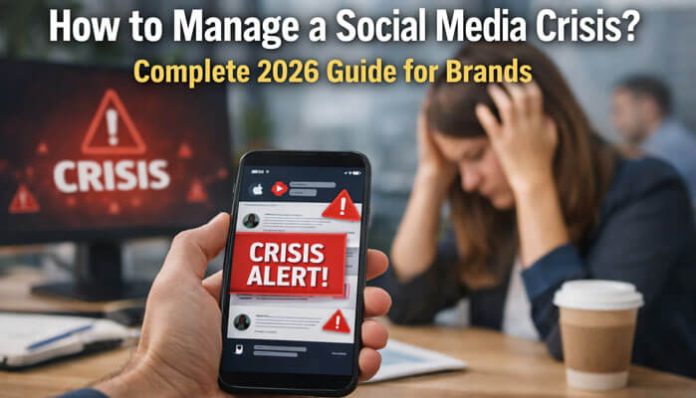 How to Manage a Social Media Crisis with a crisis alert on a smartphone and a stressed team member in the background